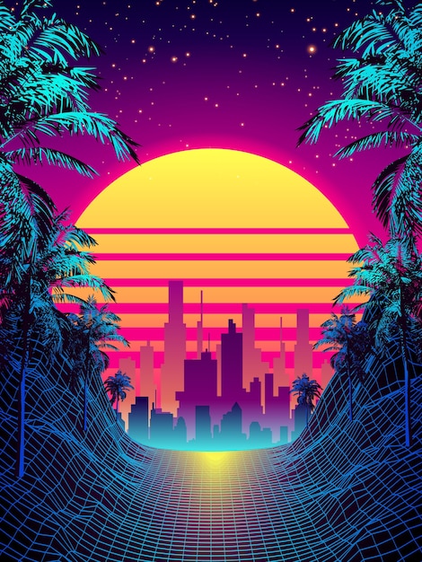 Premium Vector | Retro 80s style tropical sunset with palm tree ...