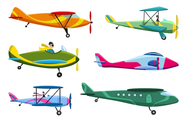 レトロな飛行機セット 古いaiplane航空機のコレクション 飛行機の種類 アイコンイラスト プレミアムベクター