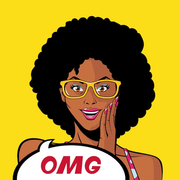 メガネとomgバブルベクトルのレトロな黒アフロ女性漫画 プレミアムベクター
