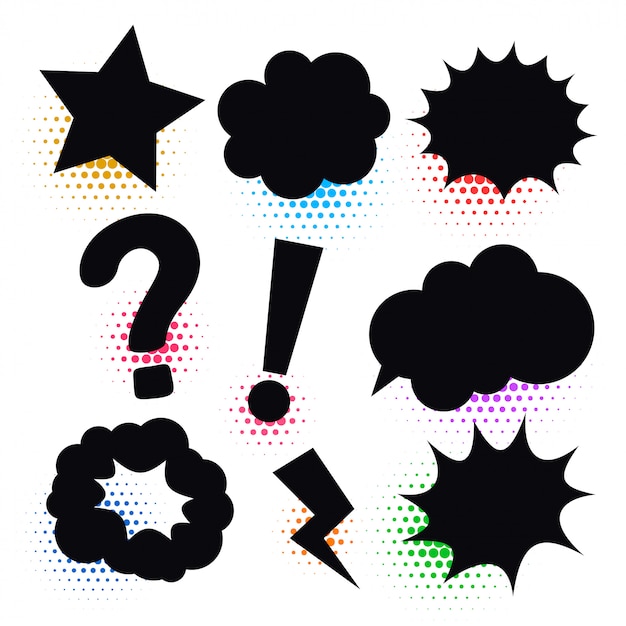 Retro black comic bubble elements set with halftone Free Vector