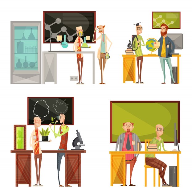Retro compositions with talking teachers of chemistry, biology, geography near desk and blackboard isolated vector illustration Free Vector