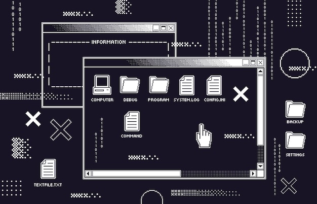 古いプログラムの暗いui プログラムの不具合とハッキング または仮想ウイルス攻撃のベクトル図とレトロなコンピューターの黒い画面 ソフトウェア障害 クラッシュ バグのあるオペレーティングシステム プレミアムベクター