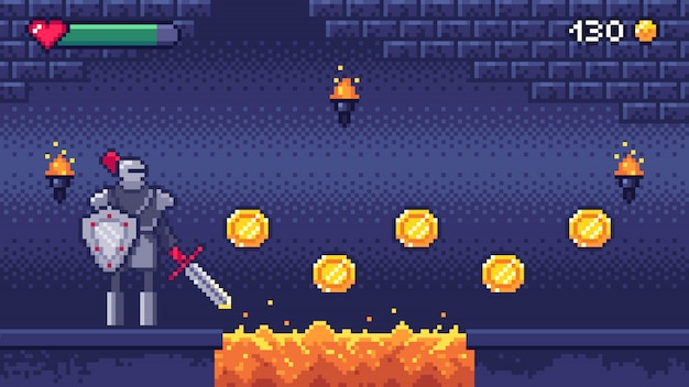 レトロなコンピューターゲームレベル ピクセルアートビデオゲームシーン8ビットの戦士のキャラクターが金貨を収集 ピクセルゲームイラスト プレミアムベクター