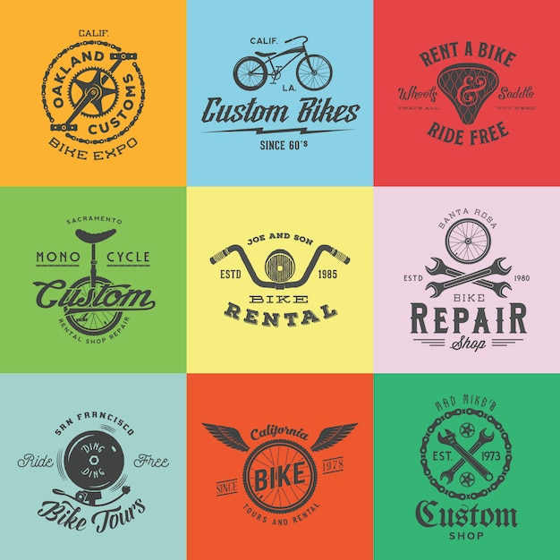 Download Free Retro Custom Bicycle Labels Or Logo Templates Set Bike Symbols Use our free logo maker to create a logo and build your brand. Put your logo on business cards, promotional products, or your website for brand visibility.