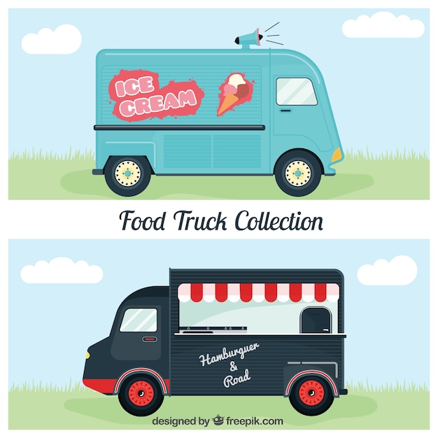 Retro food trucks of ice-cream and
burger