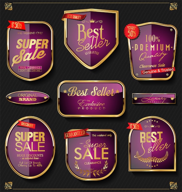 Retro golden labels and badges vector collection Premium Vector