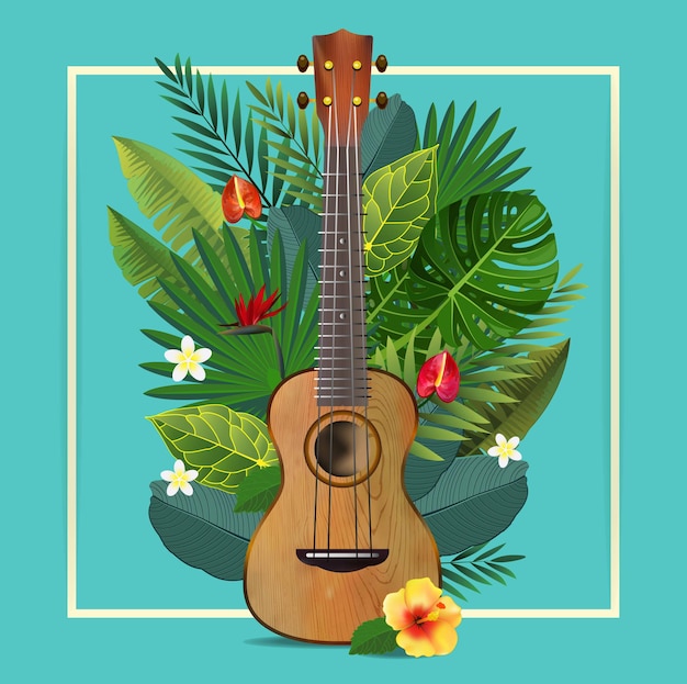 Premium Vector | Retro guitar with tropical leaves.