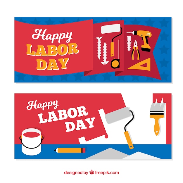 Retro labor day banners with tools in flat
design