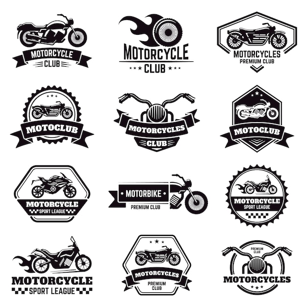レトロなオートバイのエンブレム バイカークラブバイクバッジ バイクスタンプ バイクホイールの翼のエンブレム バイク ラベルイラストアイコンセット オートバイのロゴとエンブレム バッジモーターショップ プレミアムベクター