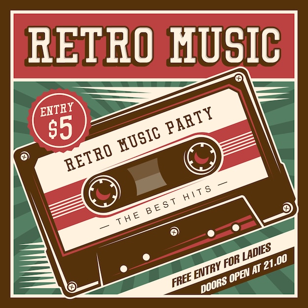 Premium Vector | Retro music compact cassette vintage signage poster