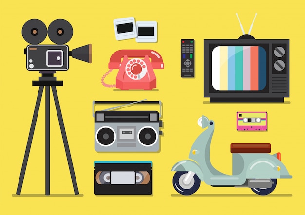 Retro objects flat style on a yellow background Premium Vector