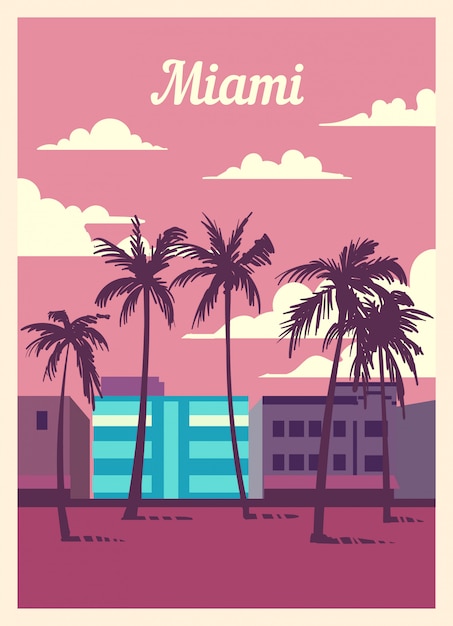 Premium Vector | Retro poster miami city skyline.