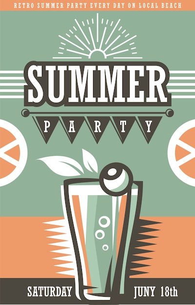 Premium Vector Retro Summer Party Poster Or Flyer Design With Cocktail Glass And Creative Typo