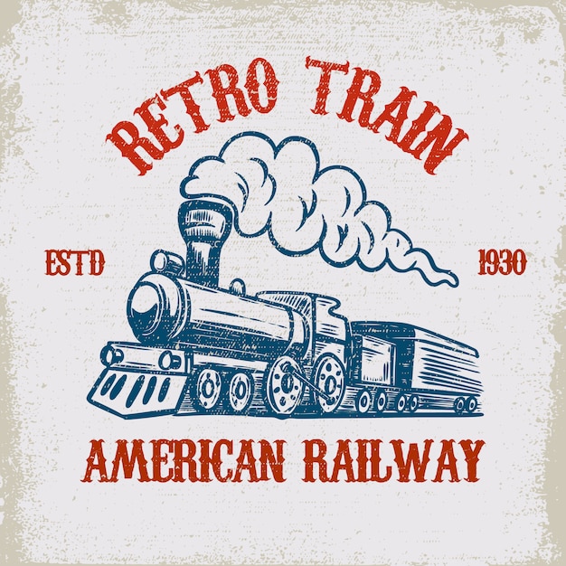 レトロな電車 グランジ背景にヴィンテージの機関車のイラスト ポスター エンブレム 看板 Tシャツの要素 図 プレミアムベクター