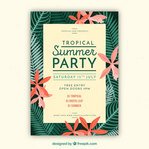 Free Vector | Retro tropical party brochure with pretty flowers and leaves