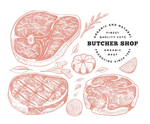 レトロなベクトル肉のイラスト 手描きステーキセット スパイス ハーブ 生の食材 ビンテージスケッチ プレミアムベクター