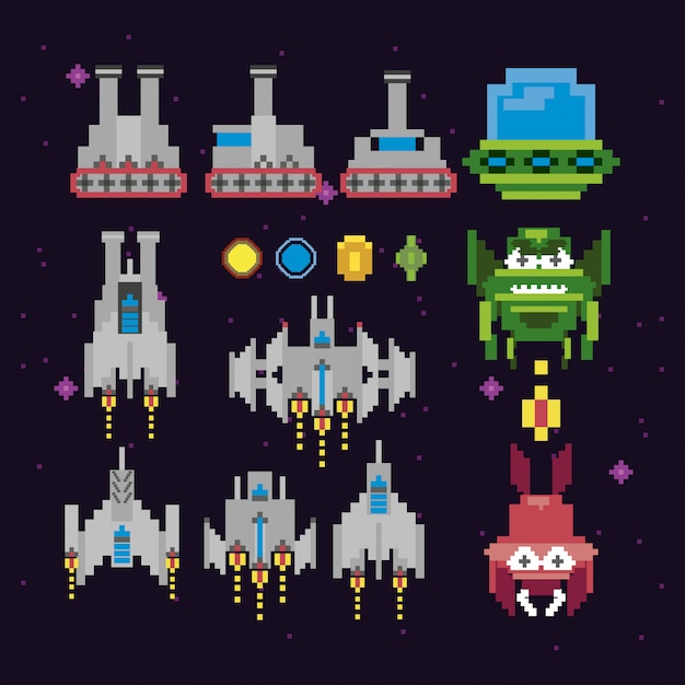 Premium Vector | Retro video game space pixelated set icons