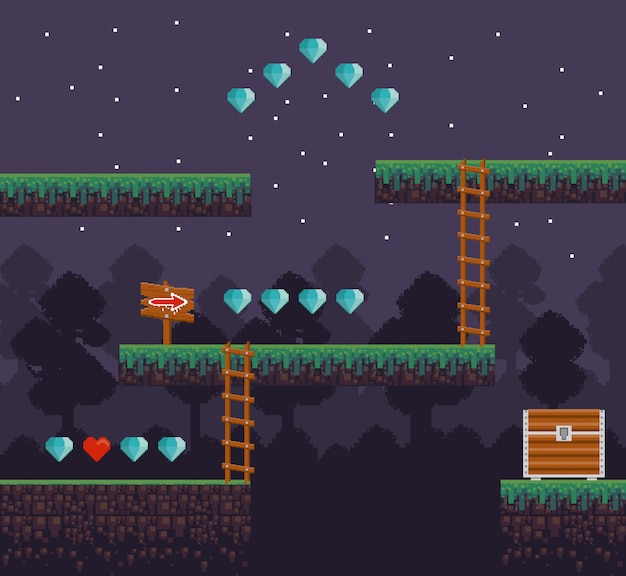 Retro videogame scenery with terrain pixelated Premium Vector