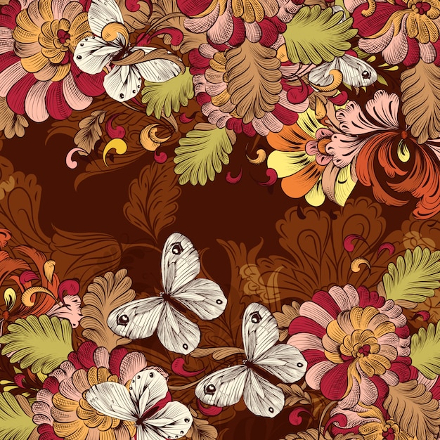渦巻き模様の花の要素とレトロな壁紙パターン 無料のベクター