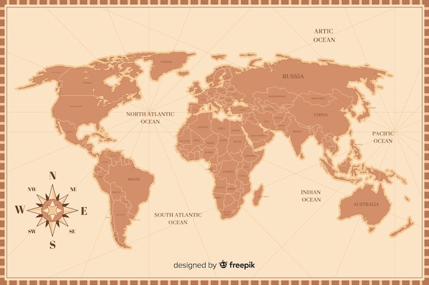 Retro world map in detail Free Vector