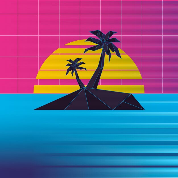 Premium Vector | Retrowave sunset island with palms background,