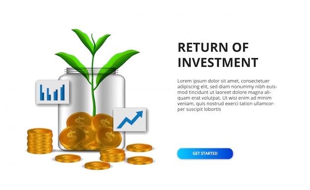 ガラス瓶と植物の木の黄金のコインのイラストと投資roiコンセプトのリターン成長を残します プレミアムベクター