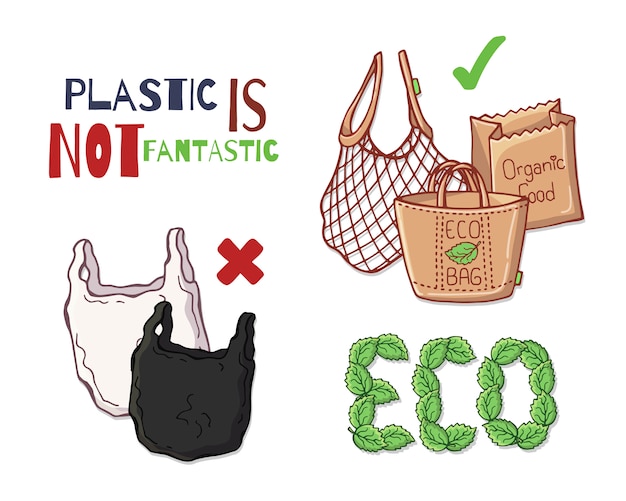 Reusable items instead of plastic. Premium Vector
