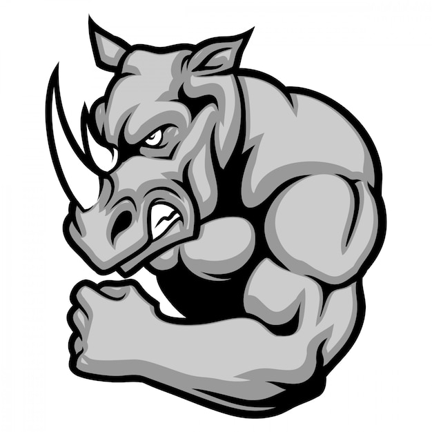 Rhino mascot showing his muscle arm | Premium Vector