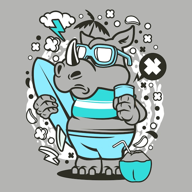 Premium Vector | Rhino surfing cartoon