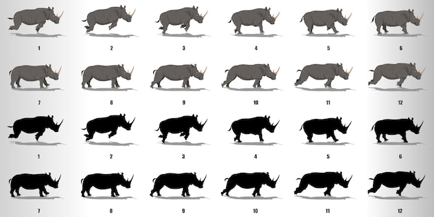  Rhinoceros run cycle animation frames loop animation sequence sprite sheet Premium Vector