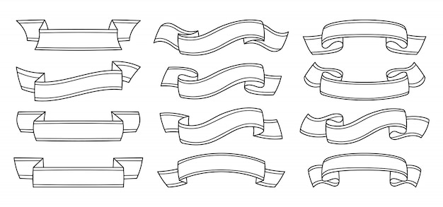 リボン概要セット 装飾的なアイコン テープ空白のフラットコレクション モダンなモノクロデザイン 線形リボンサイン漫画のスタイル テキストバナーのweb アイコンキット 孤立した図 プレミアムベクター