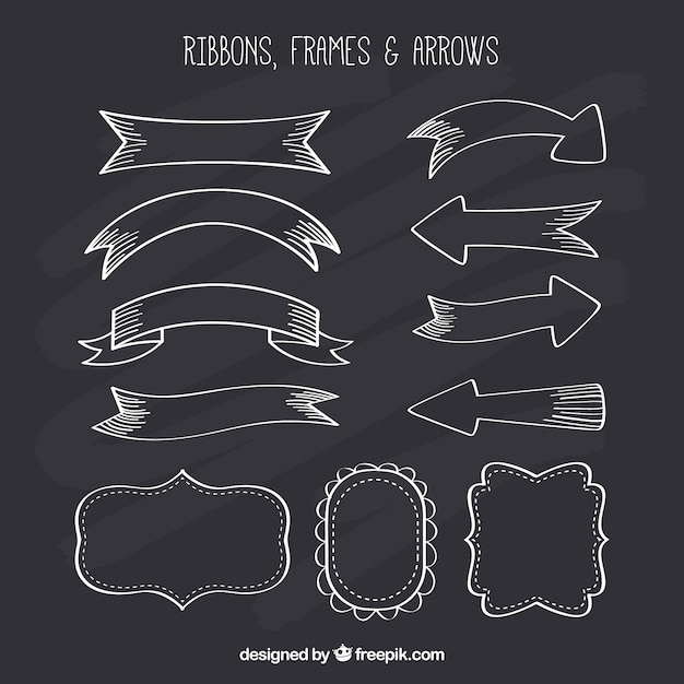 Ribbond, frames and arrows collection in chalkboard style Free Vector Ribbond, frames and arrows collection in chalkboard style Free Vector