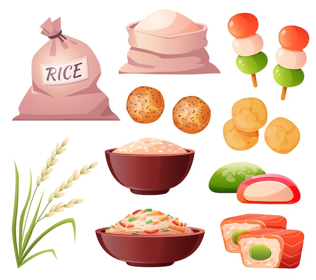 Free Vector | Rice in bag and bowl flour in sack grain ear ...