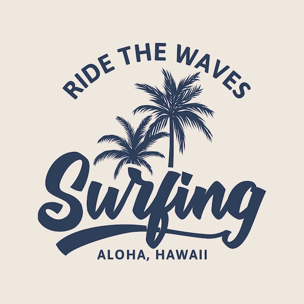 アロハハワイヴィンテージレトロなtシャツデザインイラストをサーフィン波に乗る プレミアムベクター