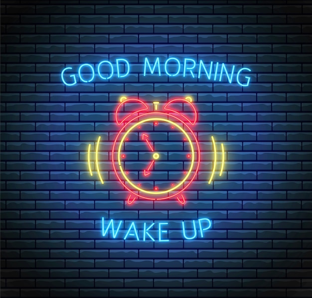 ネオンスタイルの目覚まし時計を鳴らします おはようとウェイクアップのコンセプト Ledライトイラスト プレミアムベクター