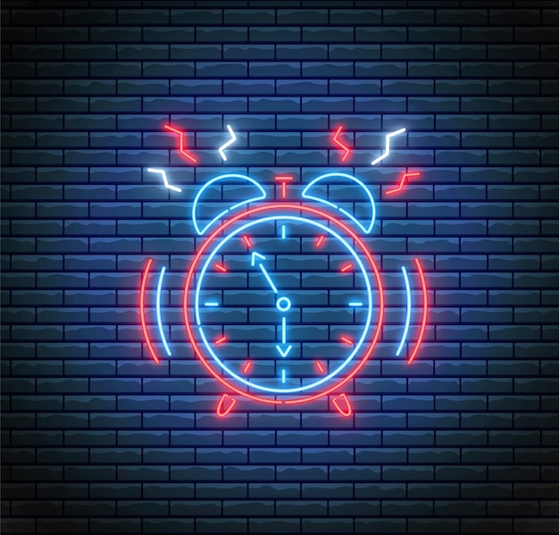 ネオンスタイルの目覚まし時計を鳴らします 時間の概念 Ledライトイラスト レンガの壁のタイマー プレミアムベクター