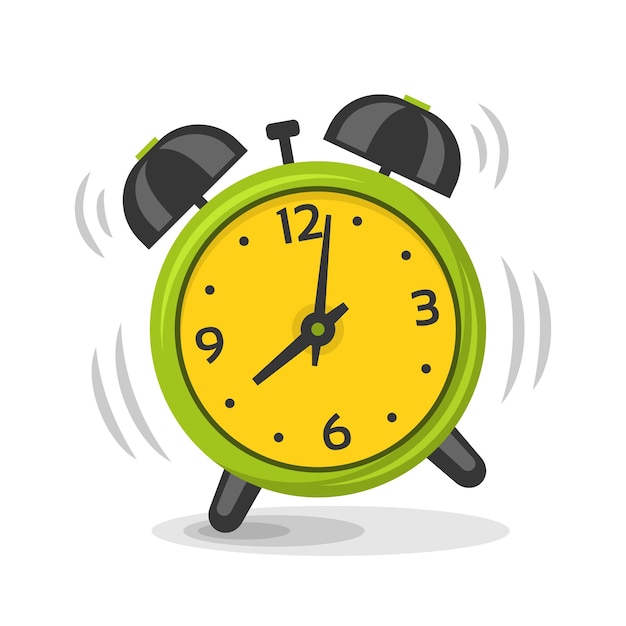 2つの鐘のイラストが鳴る目覚まし時計 漫画の孤立した動的な画像 緑と黄色の色の朝の目覚まし時計 プレミアムベクター