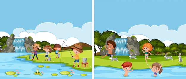 Premium Vector | A river activity scene