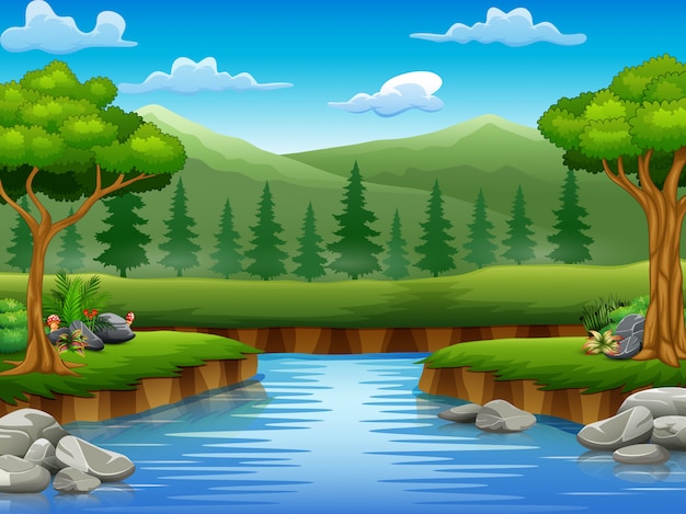 River cartoons in the middle beautiful natural scenery | Premium Vector