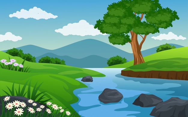 Premium Vector | River in green field with tree and mountain