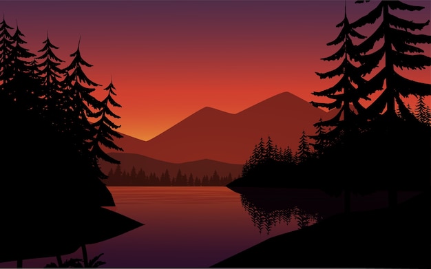 Premium Vector | River landscape with tree silhouette