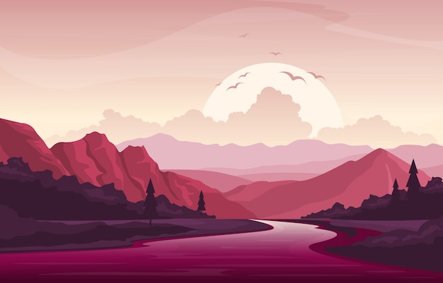 川の朝日の出午後日没山林田園風景イラスト プレミアムベクター