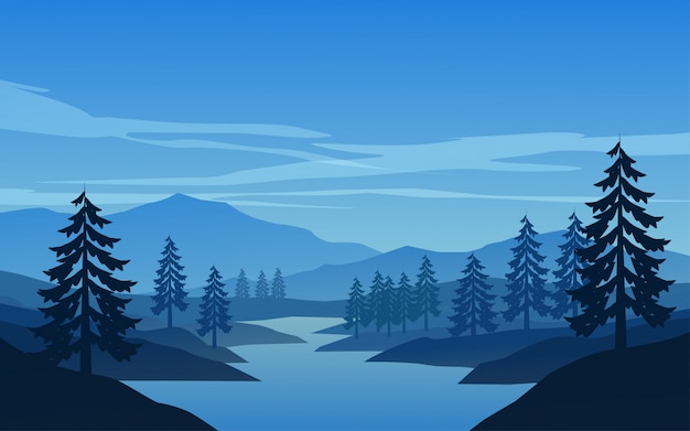 Premium Vector | River and mountain landscape