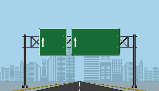 道路高速道路標識 道路上のグリーンボード ベクトルイラスト プレミアムベクター