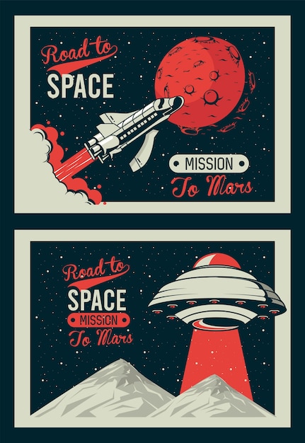 火星のポスターヴィンテージスタイルのイラストでufoとロケットと宇宙レタリングへの道 プレミアムベクター