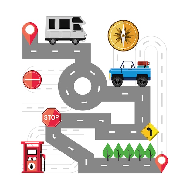 Premium Vector | Road trip map sign cars pump station