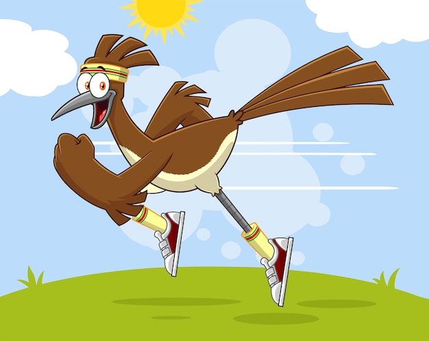 ロードランナーの鳥の漫画のキャラクターのジョギング 風景の背景とイラスト プレミアムベクター