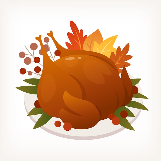 Premium Vector | Roasted thanksgiving turkey on plate surrounded by ...