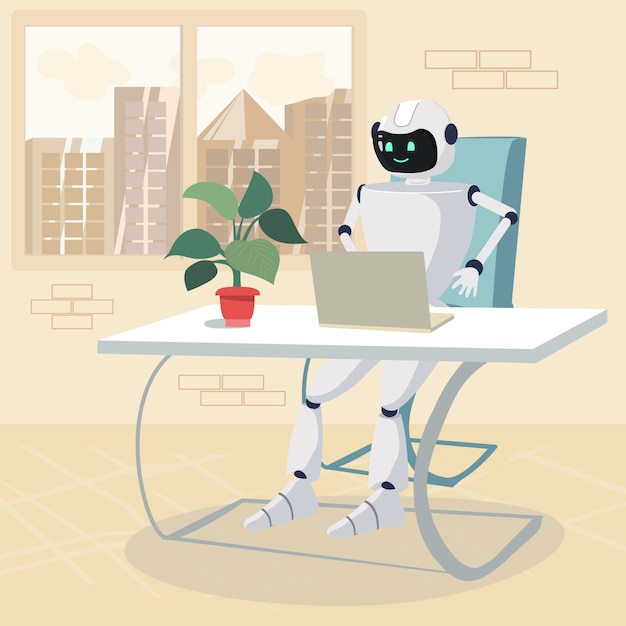 Premium Vector | Robot character work on laptop in office cartoon