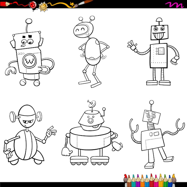 robot characters coloring book  premium vector